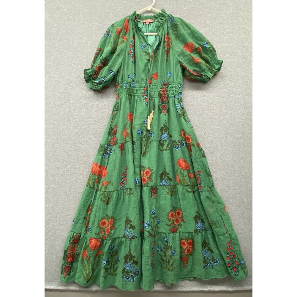 THML Green Floral Tiered Maxi Dress Small Boho Cottagecore Puff Sleeve Smocked - Picture 2 of 10